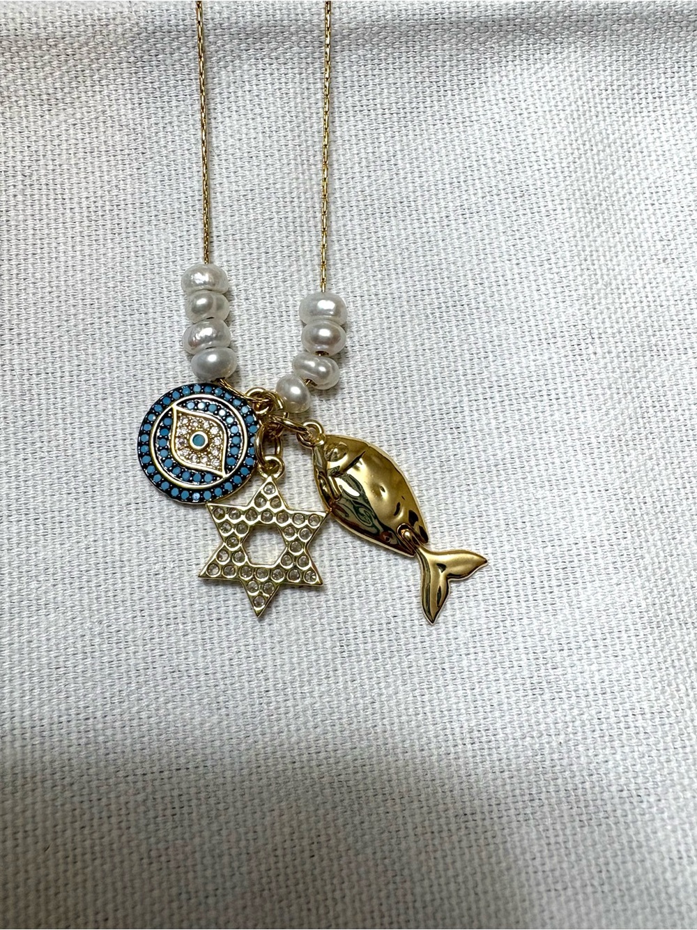 Multi-Charm Necklace with Evil Eye, Star of David, Fish & Pearls (18”)